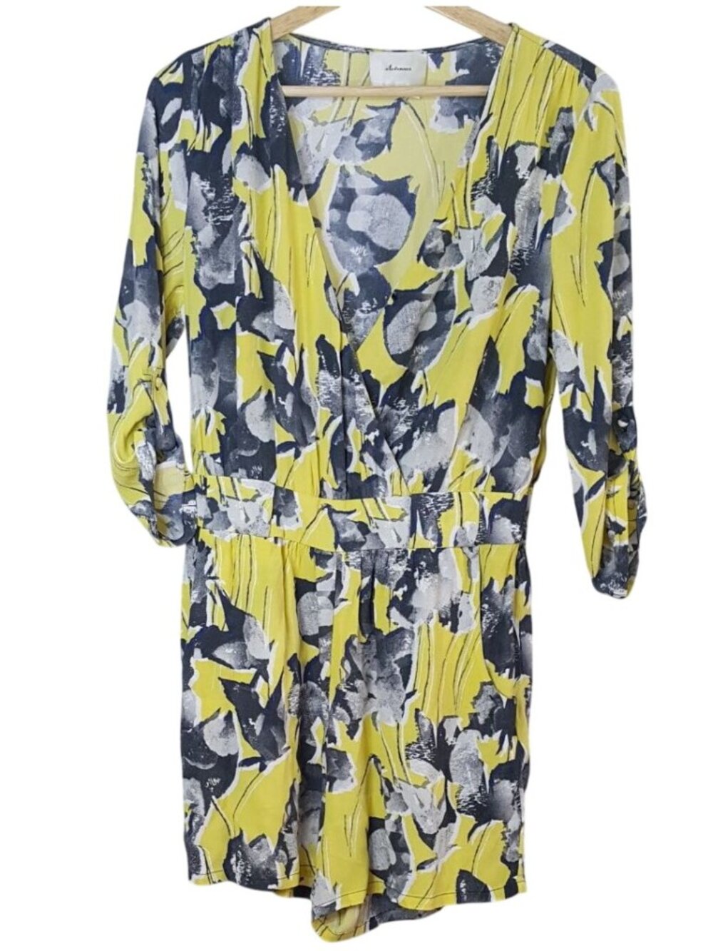 Elevenses Somerset Shorts Romper Yellow Small V Neck Gray Floral Anthropologie